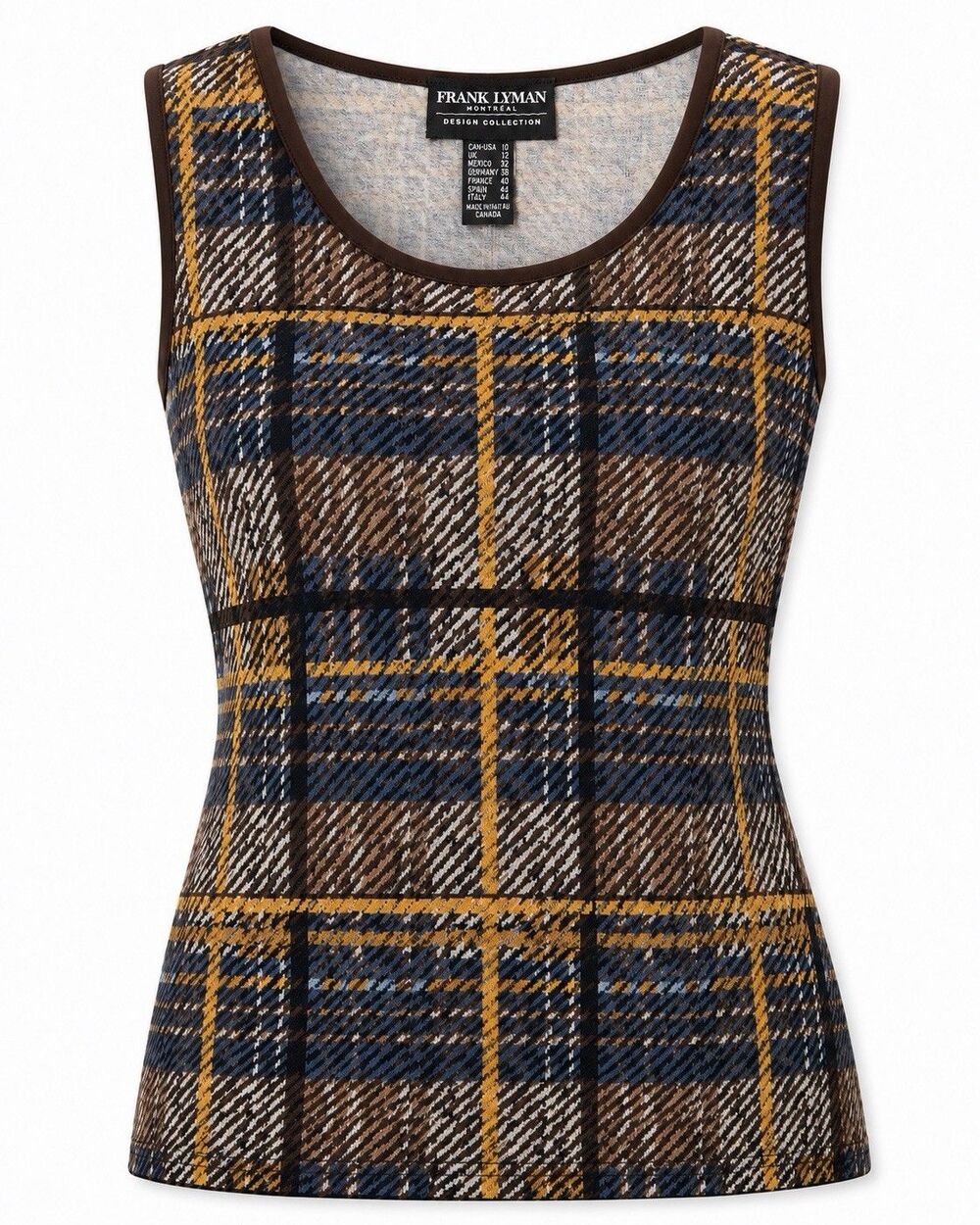 Frank Lyman Tank Top Women's 10 Brown Mocha Dijon Plaid Scoop Neck Stretch NWT